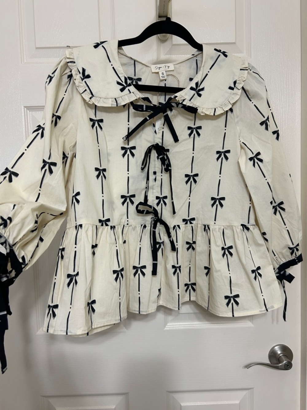 Sage + Fig Cotton Bow Print Blouse Cream & Black Coquette Peplum Oversized NWT